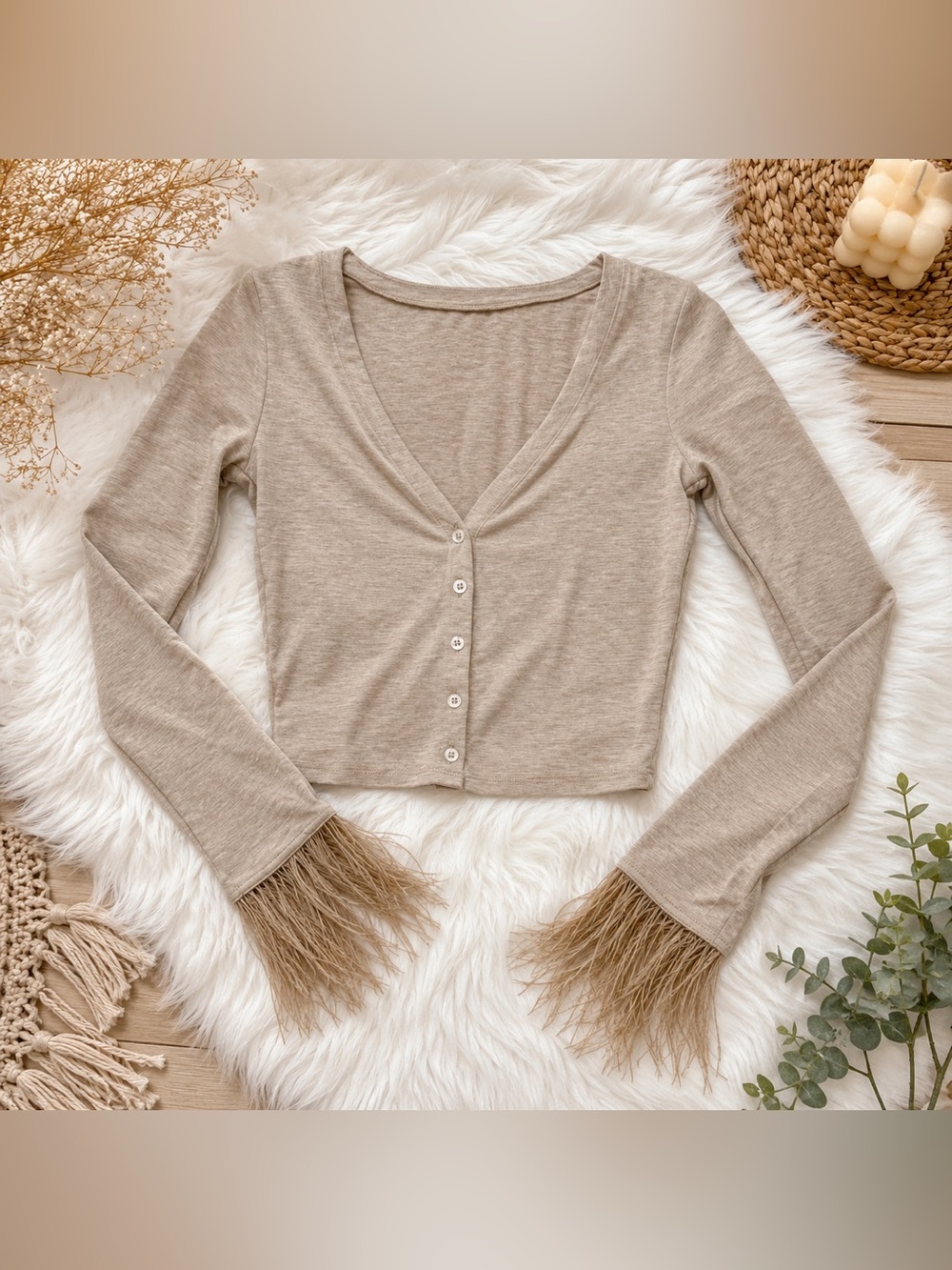 NWT WEWOREWHAT Feather Trim Modal Cardigan Heather Doe Beige Size Small